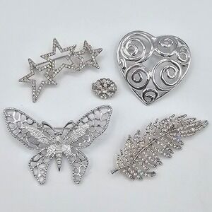 Vtg Silver Tone Brooch Pin Lot Butterfly Stars Heart Feather Rhinestone Sparkle